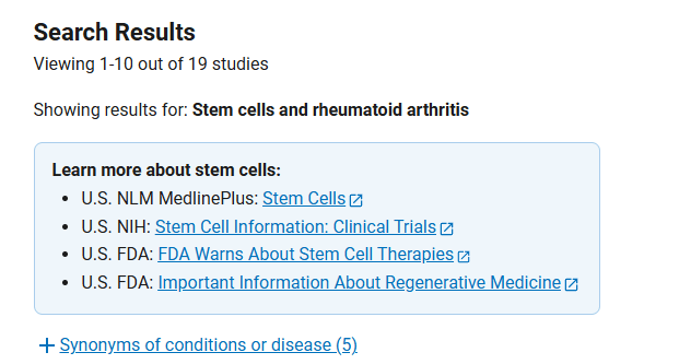 clinicaltrials.gov網(wǎng)站上注冊的有關(guān)干細(xì)胞治療類風(fēng)濕關(guān)節(jié)炎的臨床研究項(xiàng)目有19項(xiàng) 