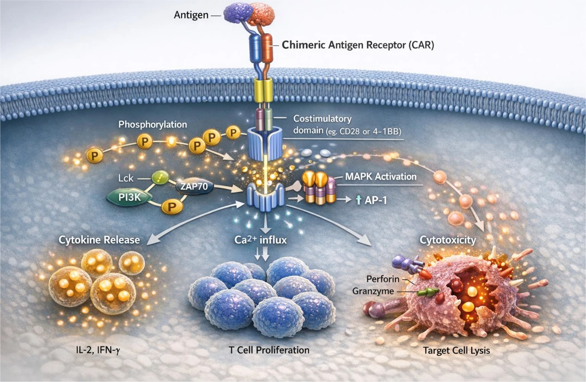 圖1：（A）嵌合抗原受體（CAR）-T細胞治療流程概述。該圖展示了四個主要步驟：T細胞采集、基因工程改造以構建CAR-T細胞、擴增修飾后的細胞以及回輸至患者體內。下半部分展示了靶向自身免疫細胞、破壞致病性免疫細胞以及由此產生的治療反應。